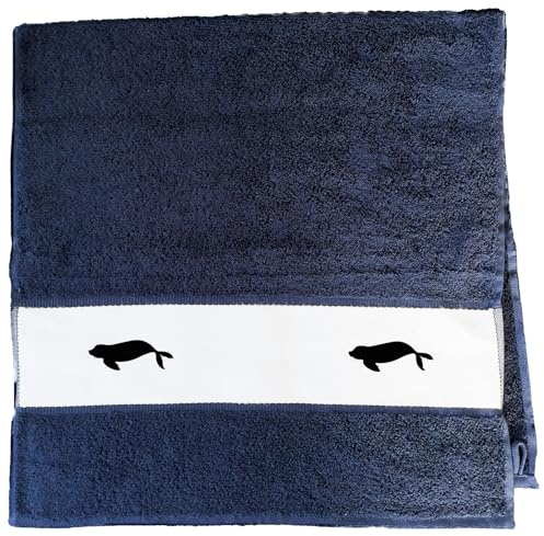Huuraa Handtuch Robbe Silhouette Geschenk | 50x100cm French Navy Baumwolle Handtuch Geschenkidee Blaues Gästehandtuch mit Motiv Gästetuch Weich und Saugstark