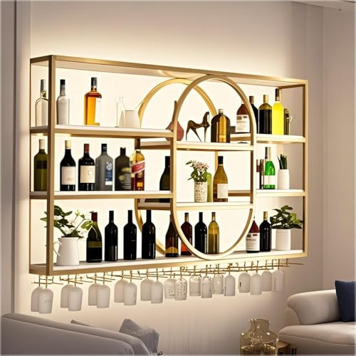Dernoing Scaffale portabottiglie da parete con portabicchieri, scaffale industriale in metallo a 4 ripiani di grande capacità, per bottiglie di vino in stile vintage, scaffale espositivo (Oro, 140CM)