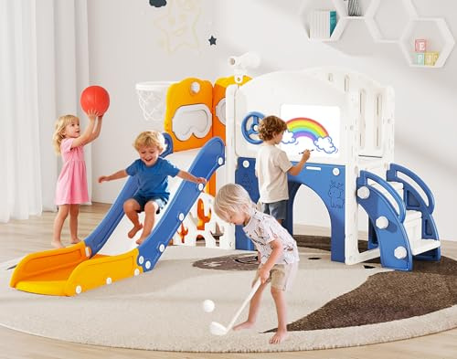 GITAWUSA 10 in 1 Toddler Slide Playset Indoor & Outdoor Playground for Kids Aged 1-3, Complete with Golf Set, Basketball Hoop, Climbing Frame, Drawing Board and Steering Wheel, Blue & Yellow