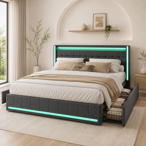 Bett mit Stauraum,Polsterbett Doppelbett 180x200 cm,Stauraumbett mit LED,Funktionsbett,gepolstertes Bett mit 4 Schubladen,Doppelbetts mit USB- und Typ-C-Ladeanschlüssen,LED Doppelbett