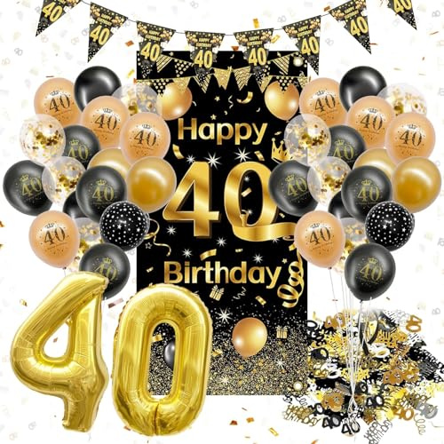 Huahuanghui 40.Geburtstag Deko Set Schwarz Gold,Komplette Geburtstagsparty | Dekoration für Männer & Frauen,40 Geburtstag Deko,Dreieck Flagge Banner,Banner,40 Jahre alt Party Supplies Dekor