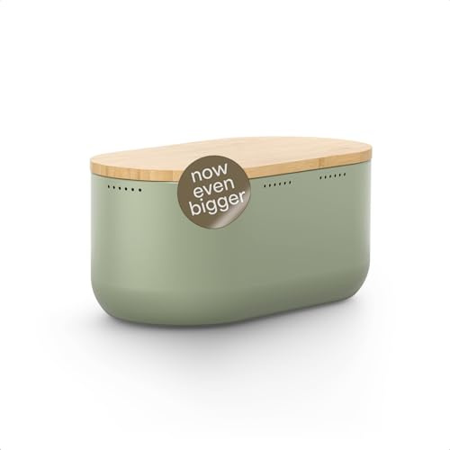 LARS NYSØM Brödlåda i metall I Brödkorg för långvarig friskhet med halkfria kuddar I Bambulock som skärbräda I 34,5x18,5x15,8cm (Sage Green)