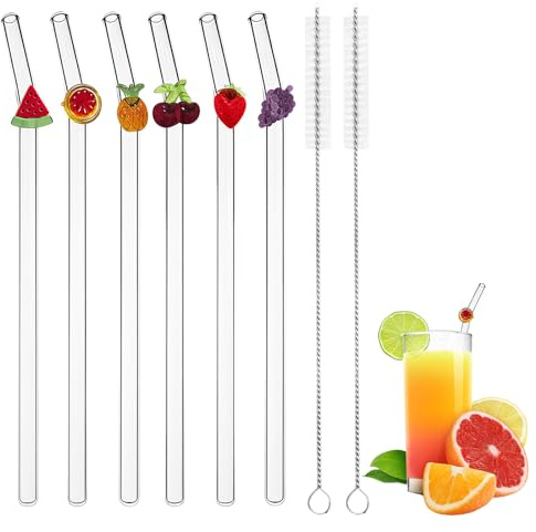 6 Pcs Reusable Glass Straws with Charms, Easy Cleaning Clear Glass Straws, 2 Long-Handled Cleaning Brushes Included, Shatter-Resistant Drinking Straw for Home Parties Picnics Travel and Office (A)