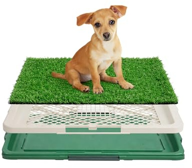 Inodoro para Perros con Césped Artificial, Baño Entrenamiento Interior y Exterior 44 x 32 x 5 cm, Bandeja Antideslizante con Drenaje, Reutilizable y Fácil de Limpiar para Cachorros y Perros Adultos