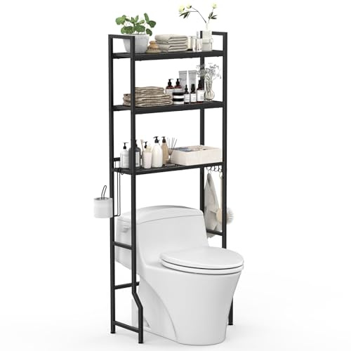 CADUKE Toilettenregal, Waschmaschinenregal mit 3-stöckiges, Badezimmerregal mit Aufbewahrungskorb und Papierhalter, Metall und Holz, 65x20x162 cm, Schwarz