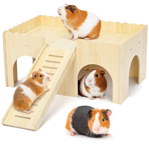 rloao Large Wooden Guinea Pig House, 38 x 24 x 24 cm | Detachable Guinea Pig Hideout with Cave and Stairs, Hamster Castle for Hedgehogs and Other Small Animals