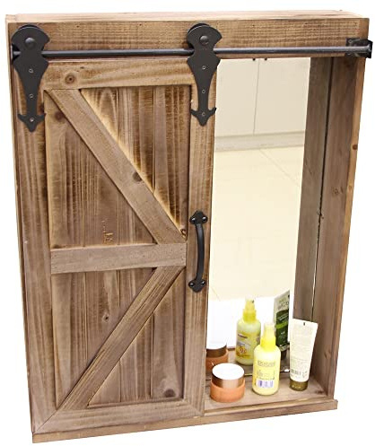 Mucola Wandschrank Hängeschrank mit Schiebetür Spiegel 56x13x71 cm Braun | 3 Ablagefächer, Scheunentor-Design, Vintage-Stil, feuchtigkeitsbeständig, Bad, Flur, inkl. Befestigungsmaterial, Innenbereich