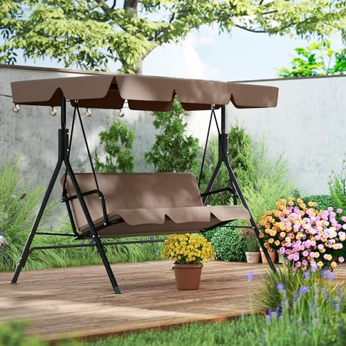 YEATHOR 3 Seater Garden Swing Chair with Adjustable Tilting Canopy, Soft Cushion, Steel Frame & Anti-Slip Feet Hammock Bench Seat for Outdoor Patio Porch Poolside, 193x110x152 cm Brown