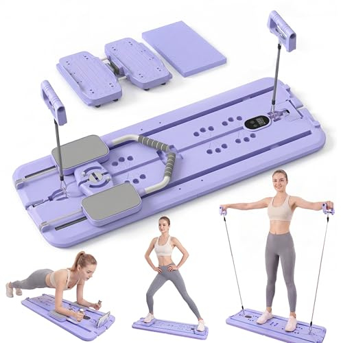 MaxU Pilates Board Reformer, vikbar pilatesbräda med skidmodul, 3-stegs motståndsband, räknare för kalorier/tid/repetitioner, 450 pund lastkraft, mobiltelefonhållare, hemträning
