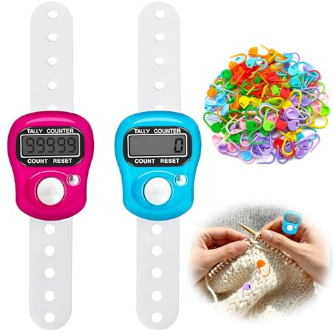 NYVOR 2 contatori elettronici per maglieria, contatore di file per lavorare a maglia, uncinetto, anelli per maglieria digitali, mini con 50 marcatori per maglieria, clip di chiusura a uncinetto