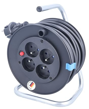 as - Schwabe Kabeltrommel 15 m - H05VV-F 3G1,5 - 4 Steckdosen IP20 - Thermoschutzschalter - verzinktes Rohrgestell - 250 V / 16 A, 810180