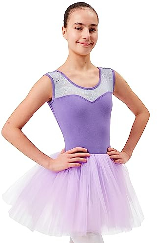 tanzmuster Ballettkleid Mädchen Tutu - Lottie - aus weichem Baumwollmaterial mit Spitzeneinsatz vorn und Tuturock Trikot fürs Kinder Ballett in lavendel, Größe:164/170