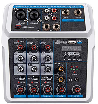 AFYH Mesas de Mezcla de Estudio, Consola de DJ Digital portátil de 4 Canales, Mezclador de Audio con Tarjeta de Sonido, Bluetooth, USB, 48 V para grabación de PC de DJ, transmisión en Vivo