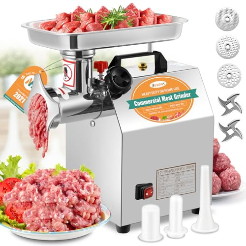 Newhai 1.3HP Commercial Meat Grinder Electric Meat Grinding Machine Heavy Duty Industrial Meat Mincer Sausage Stuffer 3/6/8mm Grinding Plates Grinding Chicken Bones for Restaurant 950W 110V US