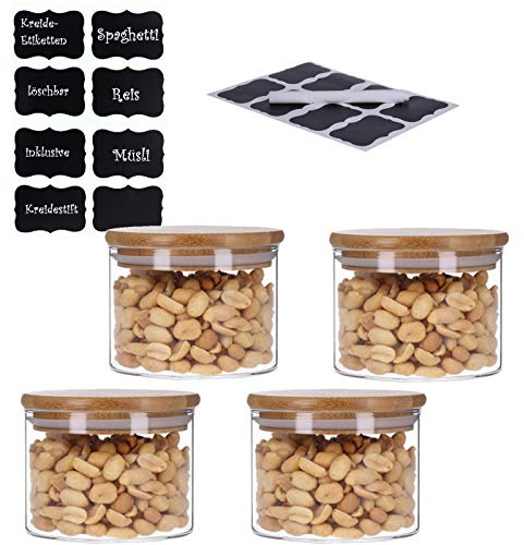 TALK-POINT 4er Set Vorratsdosen aus Glas mit Bambusdeckel Vorratsgläser Glasbehälter Spaghetti- Glas | inkl. 8 Kreideetiketten und Stift | luftdicht Spülmaschinenfest Mottensicher (4x 350 ml)