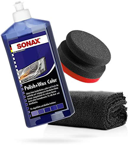 detailmate Sonax Hand Polishing Set - Sonax Polish + Wax Colour Blue 500ml + Hand Polishing Sponge Puck in Composite Construction Hard Diameter 90/50mm Edgeless Microfibre Polishing Cloth 550GSM