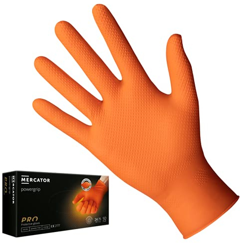 Nitrilhandschuhe MERCATOR POWERGRIP Orange, Einmalhandschuhe, puderfreie Einweghandschuhe, Größe: L - 50 Stück, latexfrei 3x dickere Nitrilhandschuhe, Diamanttextur
