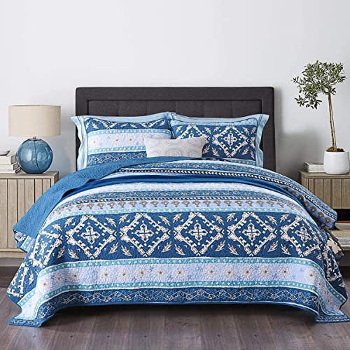 X&Z-XAOY Gemischte Blaue Gesteppte Tagesdecke Elegante Patchwork-Steppdecken Aus Weicher Baumwolle Steppdecke Mit 2 Kissenbezügen, King Size 230 X 250 cm