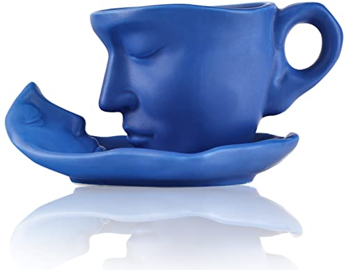 oliruim blau Teetasse und Untertasse Set Keramik Küssendes Paar Kaffeetasse Set mit Löffel Gesicht Kaffeetasse Einzigartige Teetasse und Untertasse Valentinstag Weihnachten Kreatives Geschenk(blau)