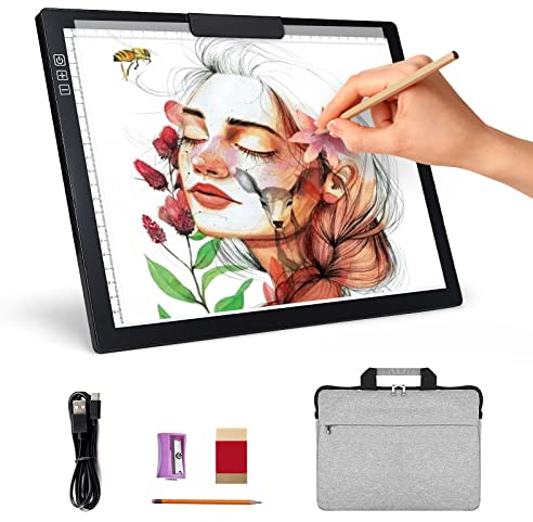 Wiederaufladbar A4 Leuchttisch mit Tasche,batteriebetrieben Led Licht Pad 6 Helligkeitsstufen Leuchttafel zum Nachzeichnen,Wiederaufladbare Leuchtplatte für Zeichnung,Diamond Painting, Animation