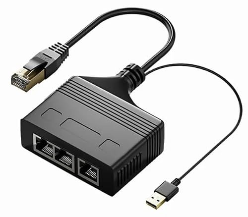 1000Mbit/s RJ45 Ethernet CAT 7 Stecker 1 auf 4 Splitter Adapter, 4 Ports zur Gleichzeitigen Nutzung, Hohe Geschwindigkeit Internet LAN Steckdosenverlängerung mit USB Stromkabel
