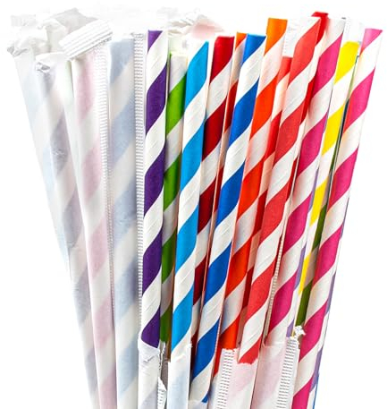 PakTalk Papierstrohhalme, 10 verschiedene gestreifte Strohhalme, einzeln verpackt, Einweg-Trinkhalme für Geburtstage, Hochzeiten, Weihnachten, Party-Dekoration (0,6 cm x 21 cm, 100 Stück)