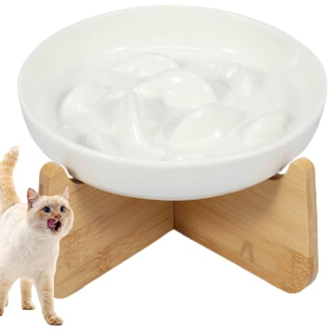 Ciotola Anti Gloton per Gatto e Piccolo Cane in Ceramica Con Supporto in Bambù - Elevata per Prevenire Vomito, Indigestione e Obesità (Bianco)