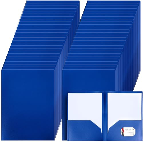 Patelai 50 Pack Plastic Folders with Pocket Bulk 2 Pocket Heavy Duty Letter Size Folders Business Card Holder for School Office File(Blue)