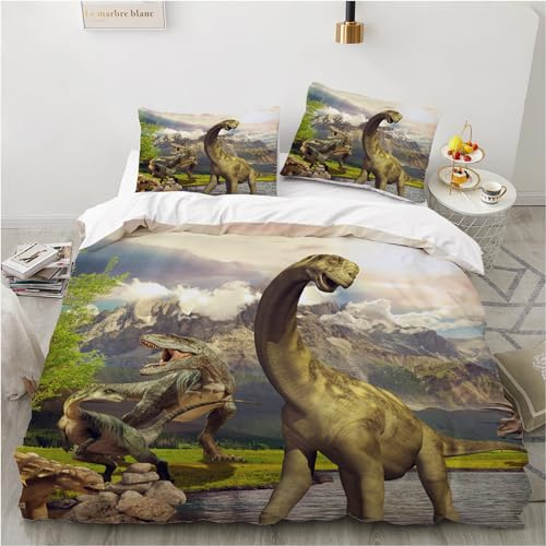 YASMENG Barn sängkläder 135 x 200 dinosaurier 3D dino sängkläder pojkar barn mjuka sängkläder i mikrofiber 2 delar gåvor för barn pojkar med dragkedja och 80 x 80 cm örngott