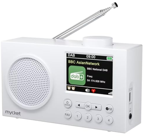 Mycket DAB Radio Portable, DAB Plus Digital Radios with Bluetooth, USB Rechargeable FM Radios, Battery Powered Small Radio,Dual Alarms Clock,Sleep Timer, 40 Presets Stations, 2.4 Large Colour Display