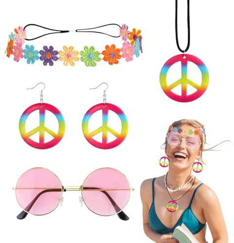 Hippie Accessoires für Schlagermove Outfit Damen, 5 Stück Hippie Kostüm Set | Hippie Kostüm Zubehör, Vintage 70er Jahre Flower Power Accessoires, 60er 70er Jahre Bekleidung, Peace Kette, Brille
