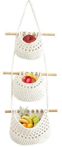 Hängende Obstkorb - 3 Tier über die Tür Veranstalter, handgemachte Jute gewebt Wandkorb |BOHO Küche Wanddekoration für die Organisation, Lagerung Korb für Küche, Wohnen & Bad Schlafzimmer, 35.43 Zoll