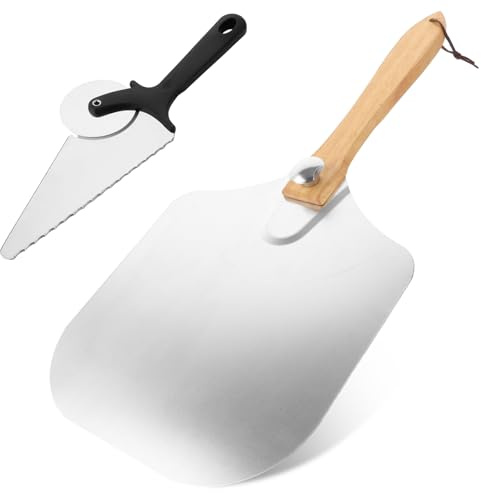LOPYXBR 2 Stück Pizzaschieber, Pizzaschaufel aus Aluminium mit Faltbarer Holzgriff, 35,5x30cm Pizza Schieber mit Pizzaschneider, Pizza Schaufel Zubehör Set für Hausgemachte Pizzen, Backen, Brot