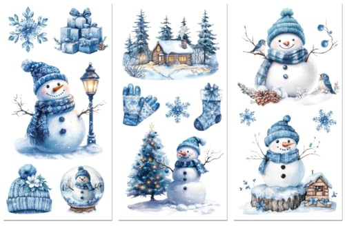Peacoblue UV DTF Rub-On Transferfolie Möbel-Sticker Winter-Schneemann Muster 15x30cm, 3 Stk. Wasserfeste Deko-Transferaufkleber für Möbel Glas Gläser Porzellan Wäscheschränke Kommoden Holz Kunststoff | 3er Set UV DTF Transfersticker 15x30cm, Wasserfeste Dekorfolie für Möbel, Schubladen, Holz, Glas und Keramik