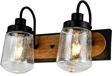 LQWELL® Wandleuchte E27, Wandlampe Innen 2 Flammig Retro Eisen-Holz-Wandbeleuchtung Wandspot für Schlafzimmer Wohnzimmer Studio Hotel Treppe, Mattschwarz, Glühbirne nicht enthalten