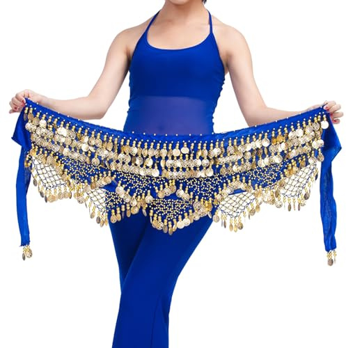 Baisdan Women's Sweet Belly Dance Hip Scarf, Belly Dance Skirt Wrap Gold Coins Costume Navy Blue