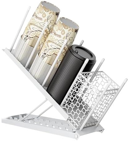Porte-gobelet en papier et couvercle Porte-gobelet à café Station de condiments réglable Distributeur de gobelets jetables à 4 compartiments avec panier de rangement en paille for dosettes de café for