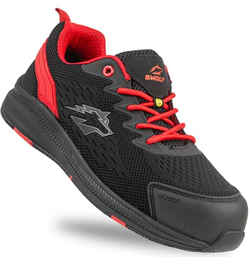 B-well BWOLF Fly S1PS ESD Chaussures de Travail ESD Kevlar Anti-Perforation antidérapantes Semelle EVA Confort, Noir/Rouge, 41 EU