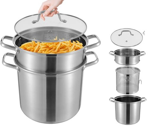 Olla grande de 8 L, de acero inoxidable con cesta de freír y al vapor, olla para sopa para cocinas de gas, cocinas de inducción, halógenas y eléctricas, apta para lavavajillas, 36,5 x 36,5 cm