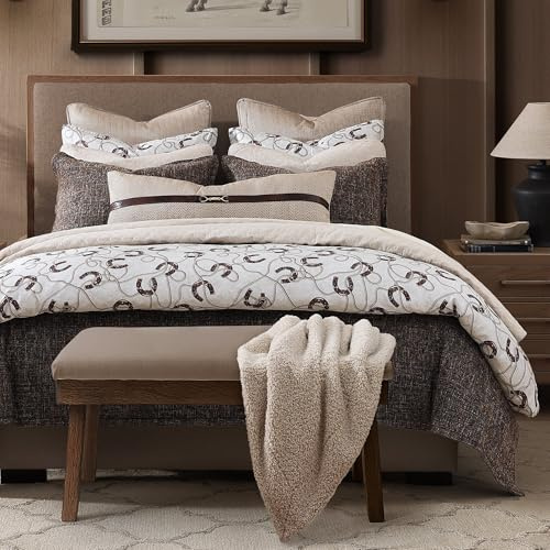 Paseo Road Tasha Polizzi Pierre Equestrian Western Bedding 3 Piece King Duvet Cover Set, Brown Tan Cotton Sateen Bed Set, Horseshoe Print, Modern Rustic Western Comforter Cover with Pillow Shams