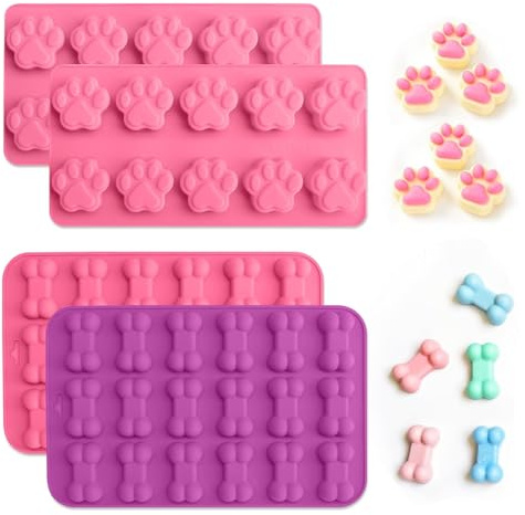 4Pcs Silicone Chocolate Moulds, Dog Paw and Bone Silicone Molds | 3D Reusable Non-Stick Gummy Tray for Baking, Candy, Jelly, Ice Cube, Pet Treats Toys