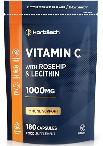 Vitamin C 1000mg with Rosehip | 180 Capsules | High Strength Vitamin C as Ascorbic Acid with Added Rosehip and Sunflower Lecithin | Vegan Supplement | by Horbaach
