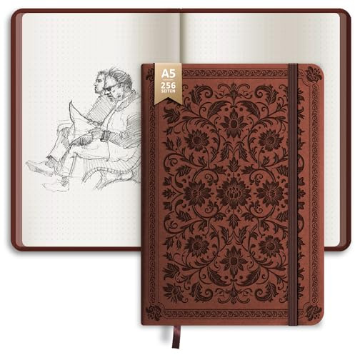 BIROYAL Notizbuch A5 Dotted, 120gsm PU Bullet Journal, 256 Seiten, Braun | PU Dotted Notebook, 180° flach, Glattes Papier Kein Ausbluten, mit Innentasche Stiftschlaufe Gummiband,Für Büro Schule Doodle