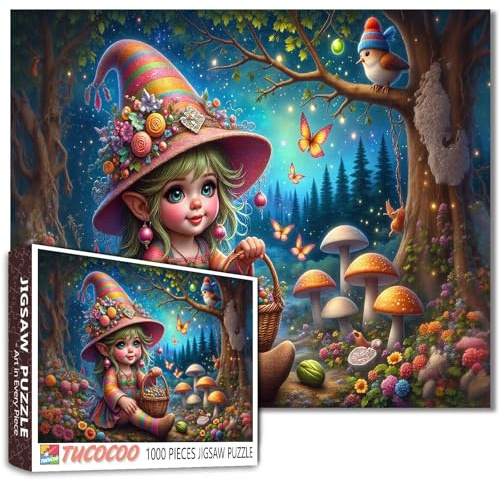 Tucocoo Rainbow Elf Girl Puzzle pour adultes 1000 pièces, jolie fille avec panier dans la forêt enchantée - Puzzle d'art fantaisie pour la relaxation - Décoration murale fantaisiste - Cadeau de puzzle
