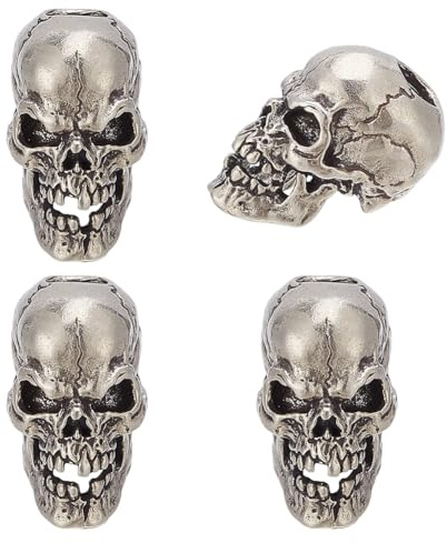 PH PandaHall Halloween Perles Tête de Mort pour Cordon de Couteau 4pcs Perles D'Espacement Vintage Rétro en Métal Laiton Motif Tête de Mort avec Grand Trou 5.5mm pour Porte Clés Homme, Argent Antique
