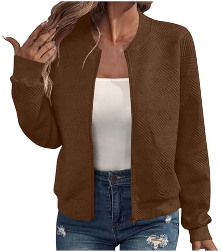 EMATOP College Jacke Damen Leicht Sport Bomberjacke Casual Langarm Übergangsjacke Kurz Einfarbig Sweatjacke Elegant Bequem Pilotenjacke Reißverschluss Fliegerjacke Baumwolle Herbstjacke Outwear