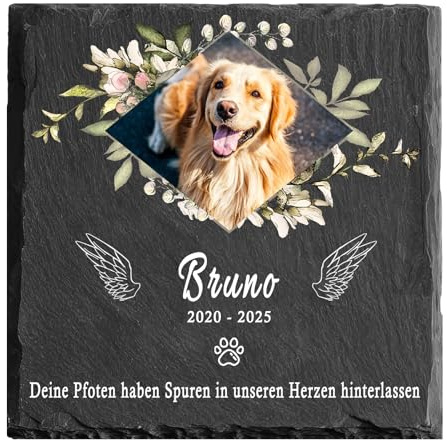 MOMGEGE Personalisierter Tiergrabstein aus Schiefer mit Foto und Text – Grabstein Hund oder Katze, Gedenkstein für Garten und Zuhause – Trauergeschenk bei Tierverlust (004)