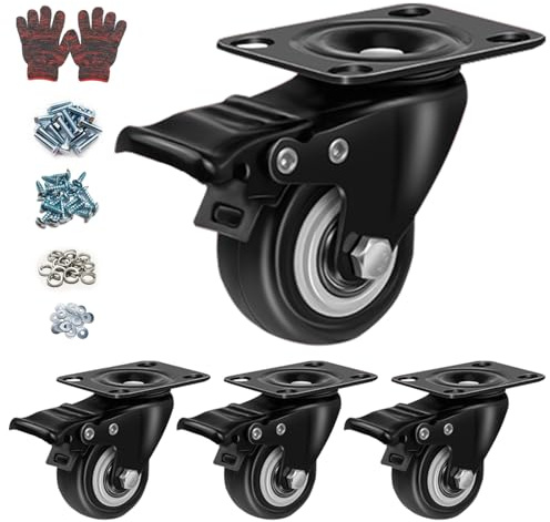 CoralBloom Heavy Duty Castor Wheels Set of 4 with Brakes - 360° Rotating Furniture Castors for Trolley/Dolly/Bed - Durable Polyurethane Small Casters Wheels