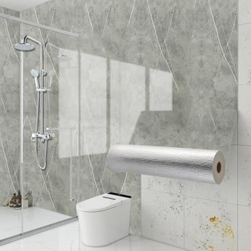 Camiraft Klebefliesen Bad und Küche Marmor 40cm x 300cm, 2.3mm Dick Selbstklebende Fliesen Grau Wasserdicht, Wandpaneele Selbstklebend für Möbel Küchenrückwand Bad Wohnzimmer Wandfliesen,1 Rolle