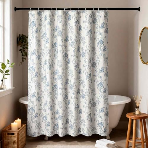 WELTRXE Faux Linen Shower Curtain, Shower Curtains Mould Proof Mildew Resistant, Waterproof Bathtub Bath Curtain with 12 hooks, Weighted Hem, Quick Dry, Machine Washable, 183x183cm, Blue Floral